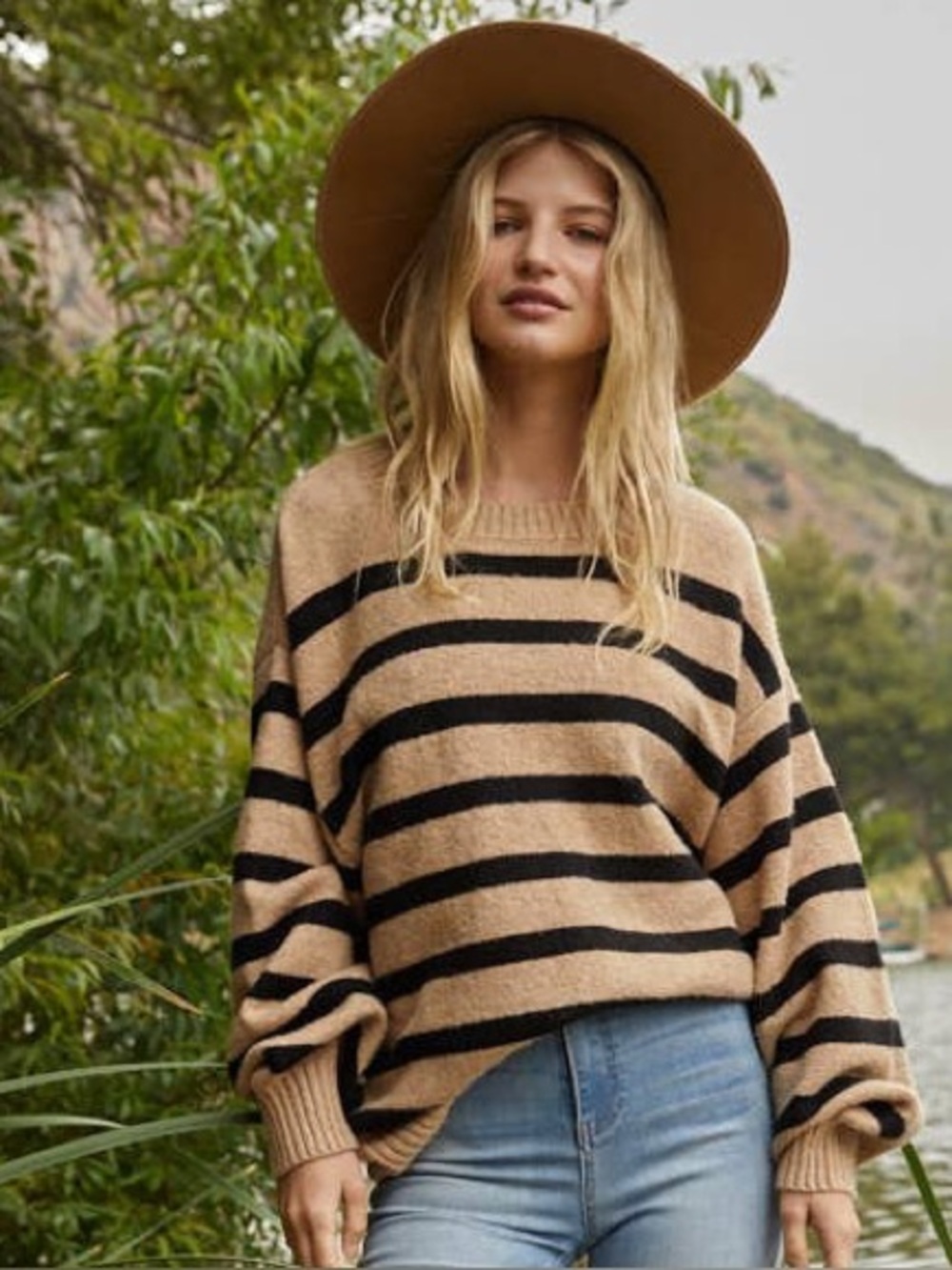 The Davis Sweater Striped Cozy Knit Sweater - Beige and Black
